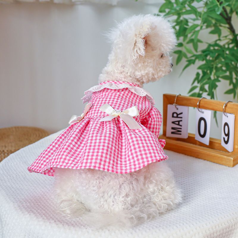 Pet Circle Dog Clothing Cat Clothes Bowknot Lace Collar Edge Black And White Plaid Princess Heart Pearl Dress_voghion.com