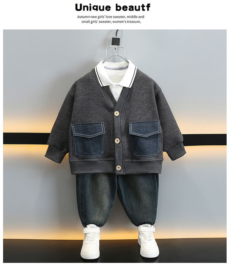 Outfit primavera autunno 2025 Nuovi vestiti alla moda per bambini con colletto rovesciato e patchwork di denim per ragazzi casual_voghion.com