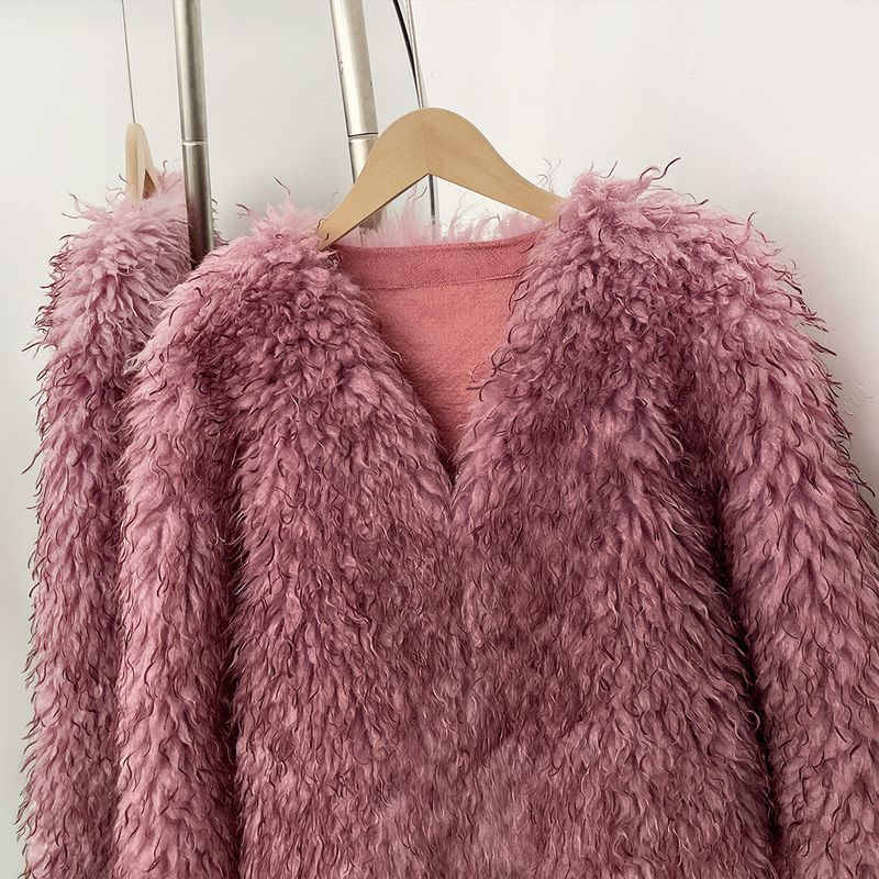 Damenbekleidung, kurzer Kunstpelzmantel mit Lederbesatz, elegante Winterjacke mit V-Ausschnitt für die Freizeitkleidung im Büro (Rosenrosa, Einheitsgröße, passt bis zu 60 kg)_voghion.com
