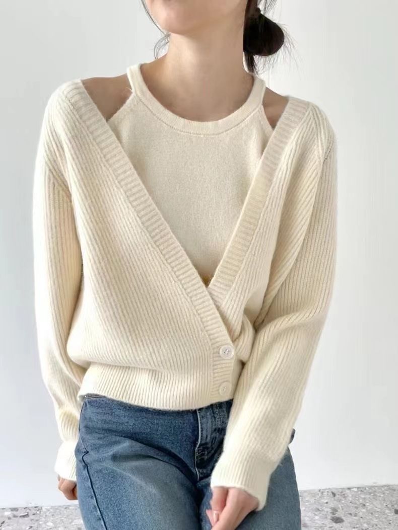 Lazy Knit Cardigan Set Damen Zweiteiliger V-Ausschnitt Langarm Pullover mit offener Vorderseite und Trägerweste_voghion.com