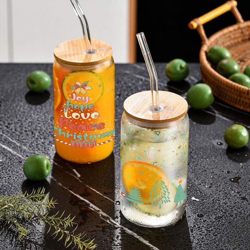 Modern Minimalist Borosilicate Glass Tumbler With Bamboo Lid - 16oz Leak-Proof Straw Cup (Christmas Gift-Ready)_voghion.com