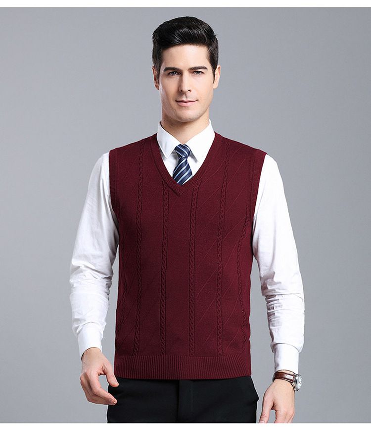 Men's Wool Blend Knit Vest, Solid Color Cable V-Neck Sleeveless Pullover, Casual Layering Piece For Autumn_voghion.com