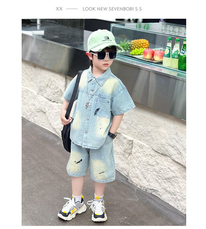Camicie in denim a maniche corte per mamma e bambini, abbigliamento casual per ragazzi_voghion.com