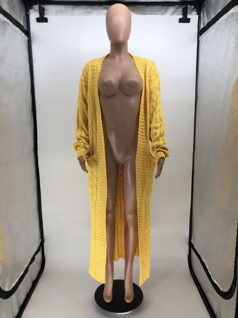 Damenbekleidung Locker gestrickte Strickjacke, gemütliche, übergroße Strickjacke mit Taschen, langer Zopfmuster-Pullovermantel, lockerer Boho-Chic, offene Vorderseite_voghion.com