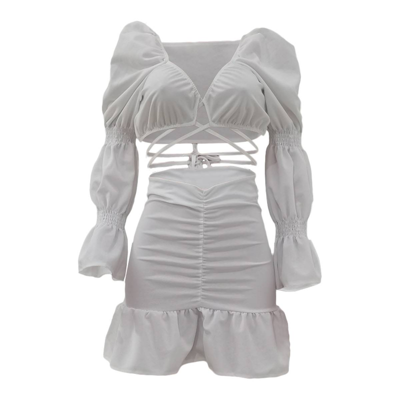 Ensemble 2 pièces sexy pour femme, tenue de festival, haut court à manches bouffantes et mini-jupe à volants, tenue de club, tenue de soirée assortie_voghion.com