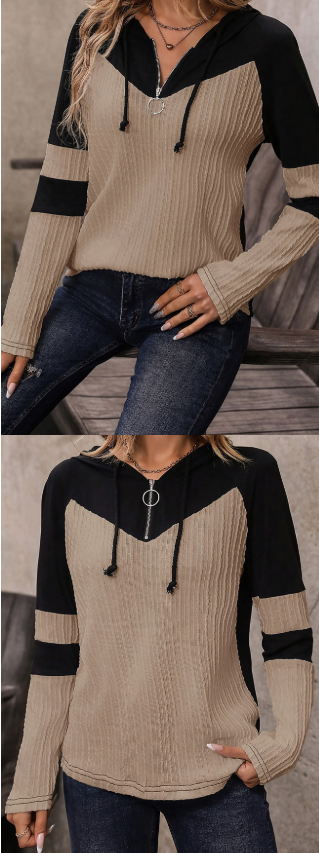 Abbigliamento da donna top da donna cerniera patta maglione lavorato a maglia con cappuccio manica lunga contrasto colore maglietta da donna_voghion.com