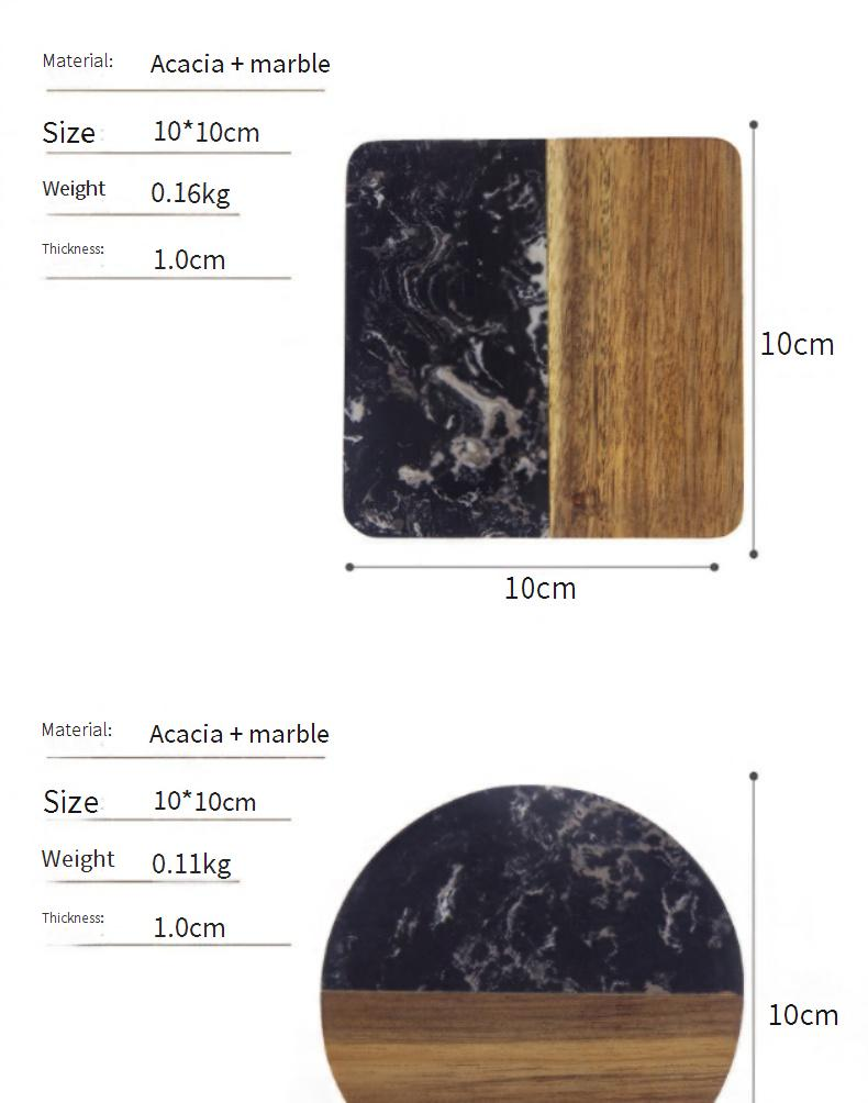 Untersetzer aus Marmor und Akazienholz – hitzebeständiges 4er-Set (rund und eckig) – Tischsets für Kaffee und Tee – handgefertigtes unregelmäßiges Design_voghion.com