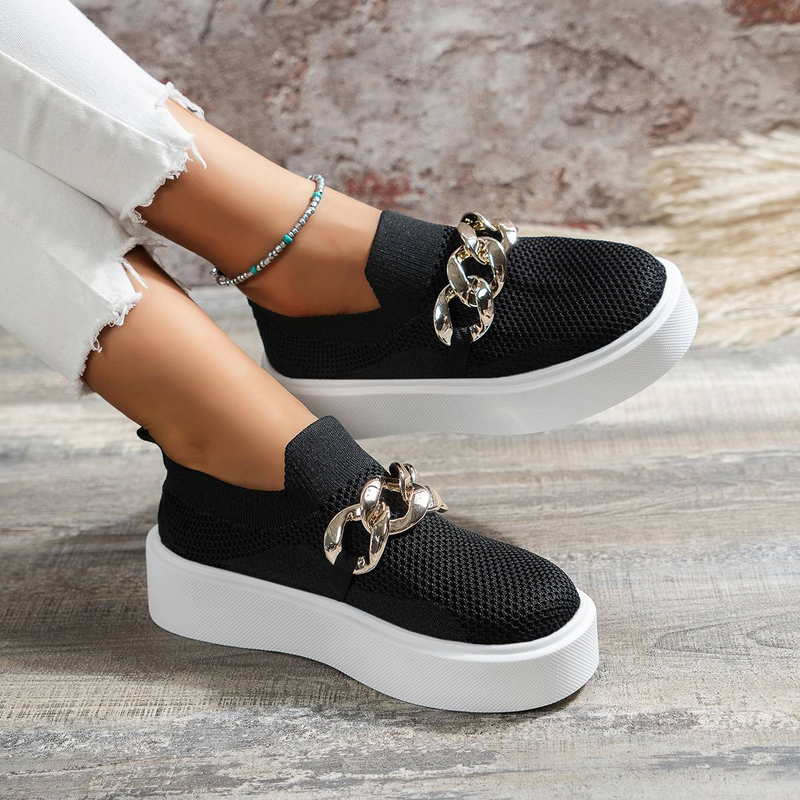 Damenschuhe mit Kettendekor, atmungsaktivem Mesh Air, runder Zehenbereich, flache Schuhe, Slip-On-Loafer für Mädchen, Damenschuhe_voghion.com