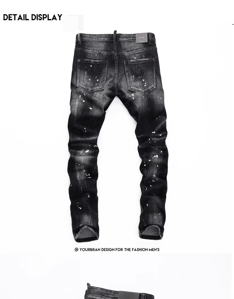 Men's Clothing Fashion Brand Washed Scratched Patches Paint Graffiti Stretch Slim Jeans_voghion.com