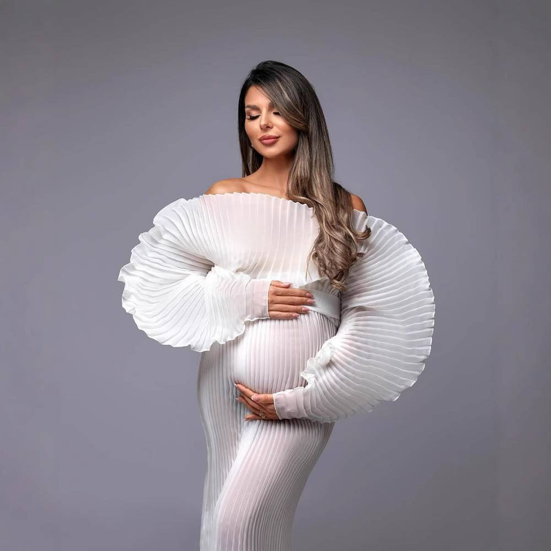 Elegant Maternity Photo Dress With Flattering Ruched Design - Soft Stretch Fabric, Square Neckline, Long Sleeves, Available In Multiple Colors_voghion.com
