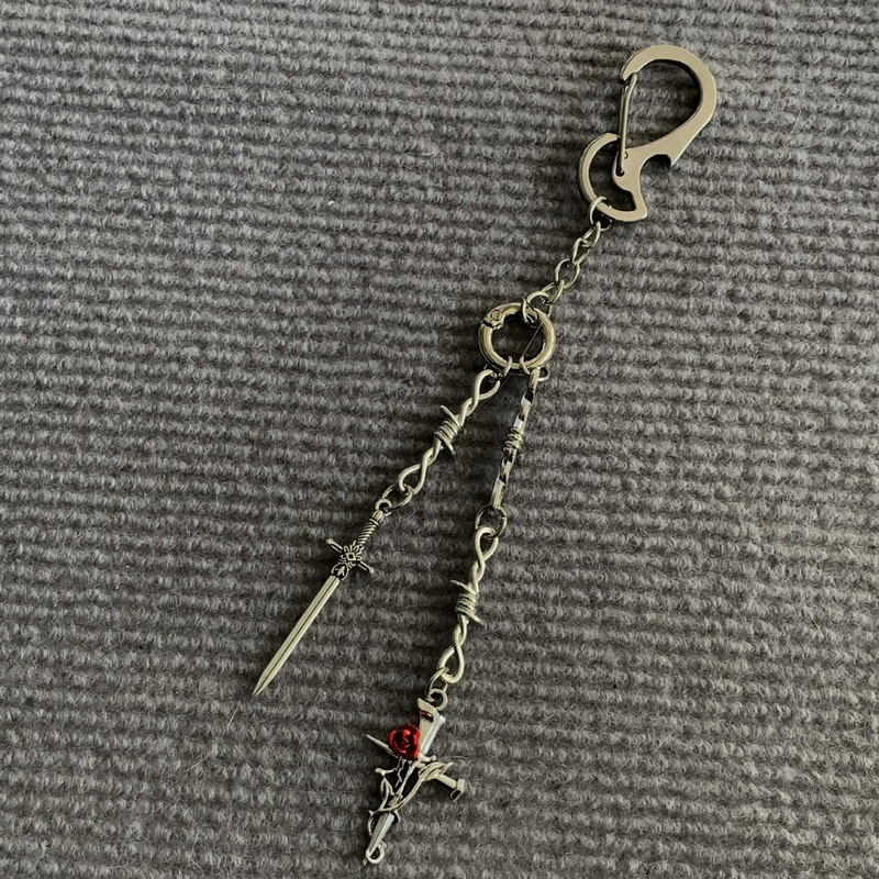Portachiavi con ciondolo con cerniera fatto a mano Sword And Rose Blade & Rose, accessorio per borsa alla moda, per abbellire abiti eleganti._voghion.com