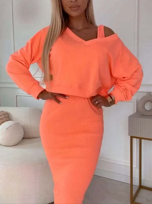 Conjunto de dos piezas de túnica y suéter de manga larga con cuello en V para mujer, conjunto informal de punto en colores lisos, tendencias de moda_voghion.com