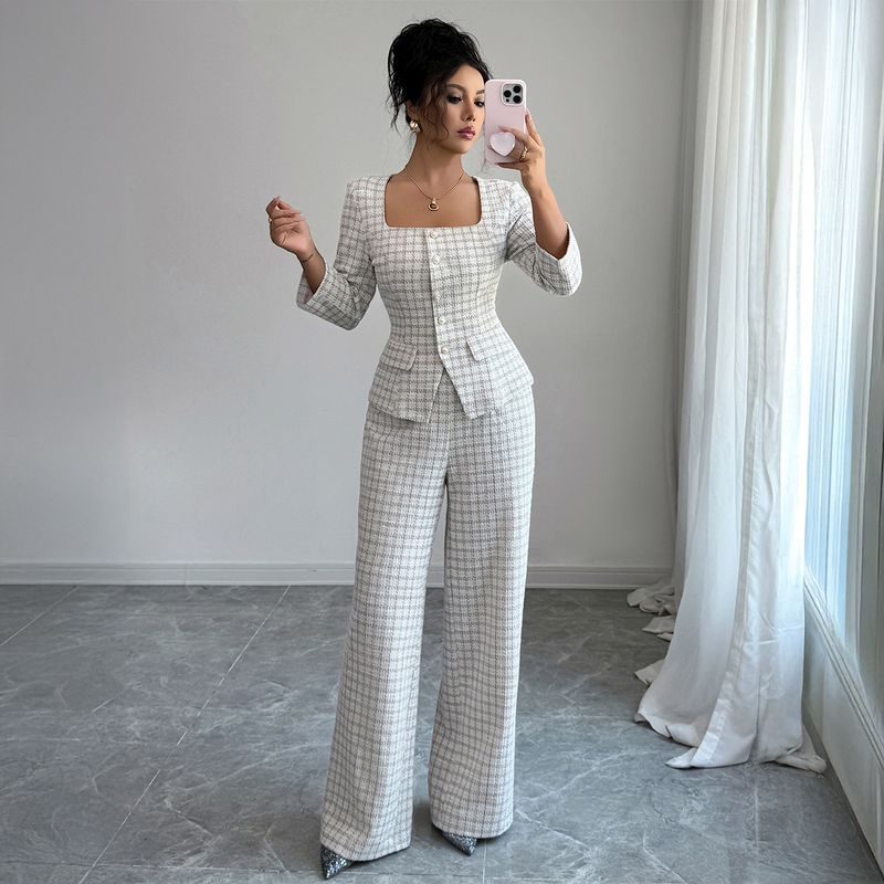 Elegant Houndstooth Blouse & Trousers Set – Stretch Polyester-Spandex Office-to-Cocktail Outfit (S-XL, Beige)_voghion.com