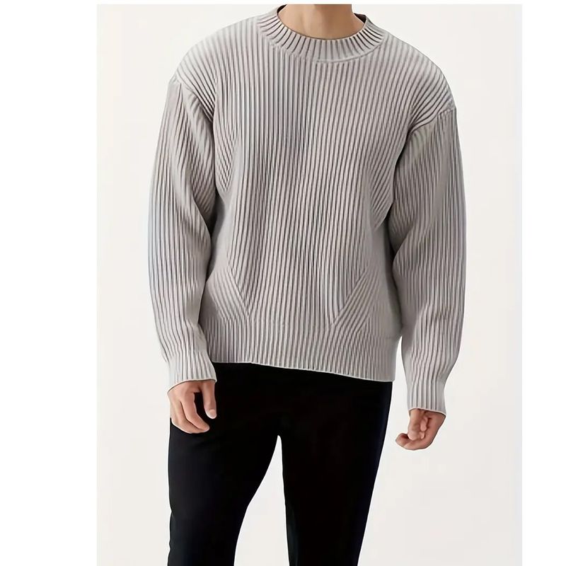 Men’s Oversized Knit Sweater - Relaxed Crewneck Pullover In Soft Gray (L/XL/2XL/3XL)_voghion.com
