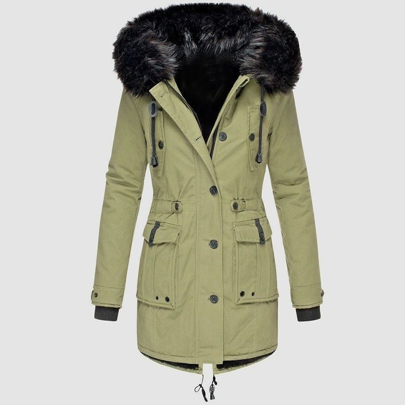 Winterjas voor dames met fleecevoering, dikke katoen, imitatiebontkraag, uitlopende zoom en lange mouwen. Casual bovenkleding._voghion.com