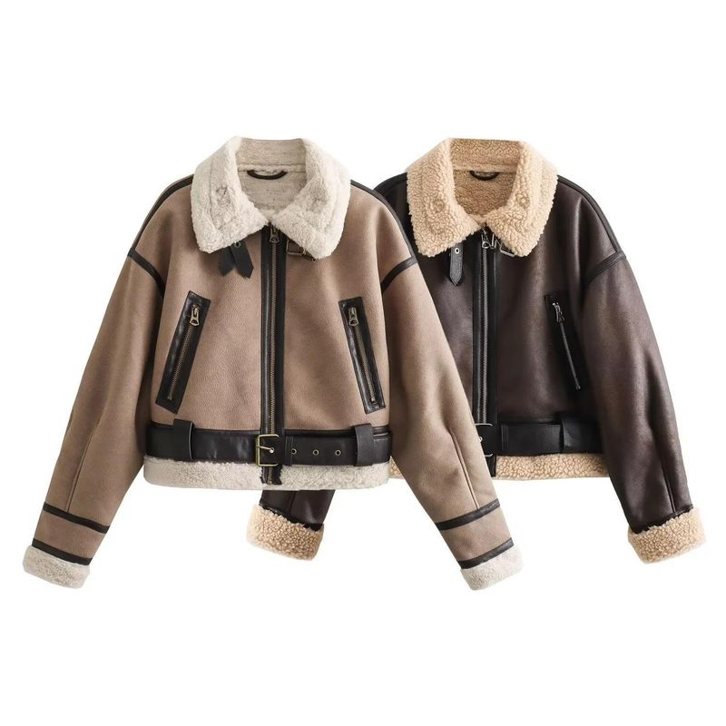Women's Vintage Biker Jacket Faux Fur Lined Short Coat Winter Warm Zip-Up Outerwear Street Style_voghion.com