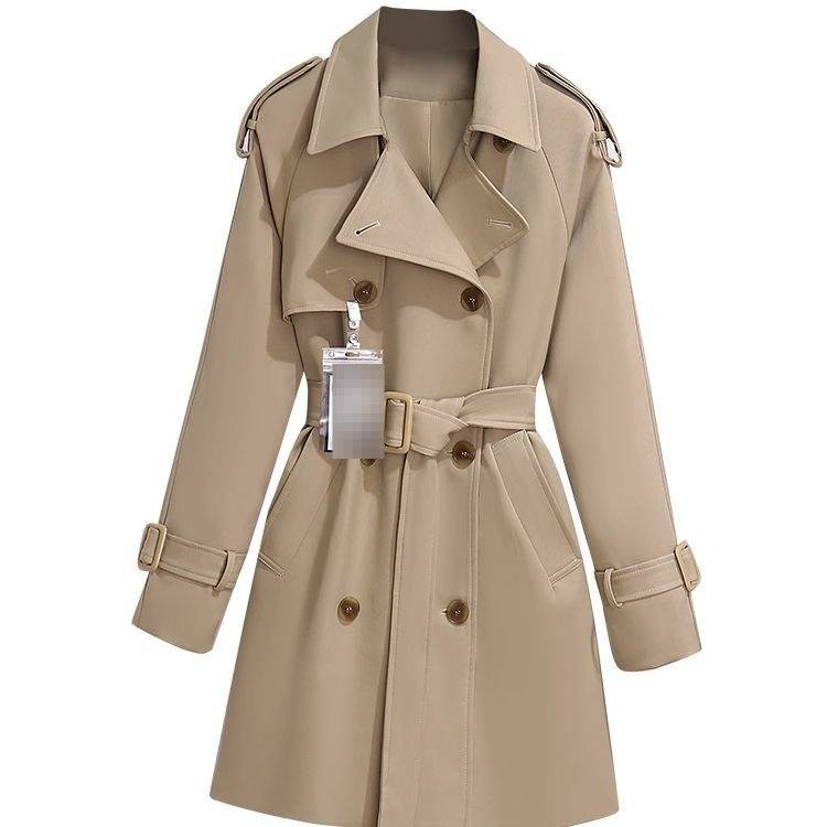Klassieke trenchcoat voor dames, voor kleine vrouwen - Britse stijl, middellange jas met inkeping in de kraag en knoopdetail (kaki/zwart)_voghion.com