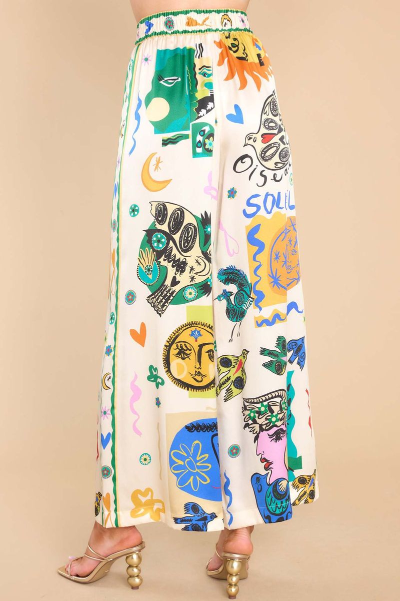 Damer 2024 Sommar Fritidskläder Damer Satin Stretch Frukttryck Graffiti Byxor med vida ben Fritidsbyxor_voghion.com