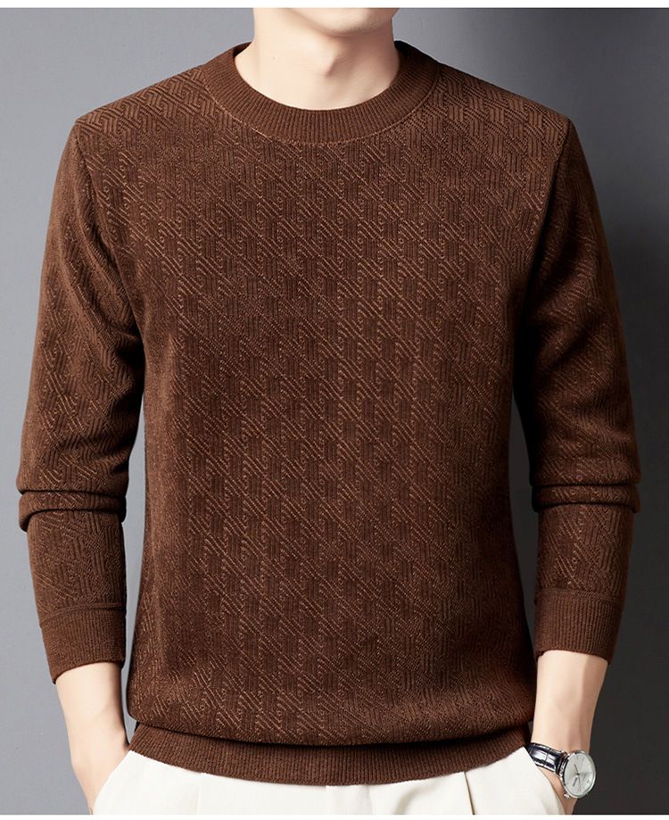 Herrenbekleidung Winterpullover für Herren Plus Samt Verdickter Jacquard-Karos All-in-One-Samt Warmes Oberteil Einfarbiger Rundhalspullover_voghion.com