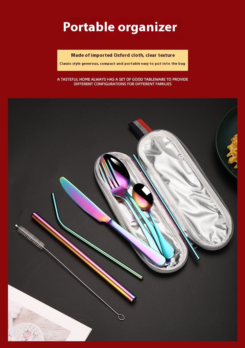 Outdoor portable stainless steel fork, spoon, straw set of 9 pieces, Western style steak knife, zipper ba, tableware_voghion.com