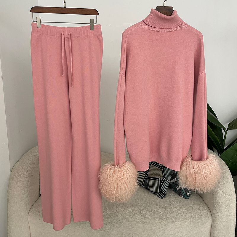 Ensemble en tricot avec poignets en fourrure de renard pour femme – Pull ample à col montant et pantalon large pour l'automne/hiver_voghion.com