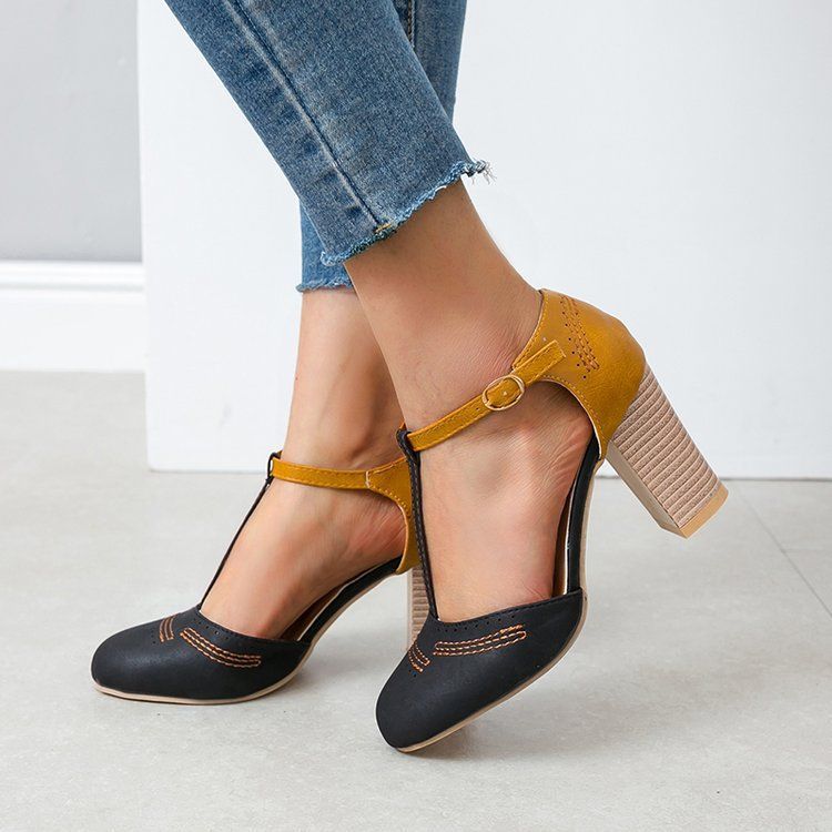 Primavera/Estate 2025, nuove scarpe da donna con fibbia a forma di T colorata e testa rotonda, grandi_voghion.com