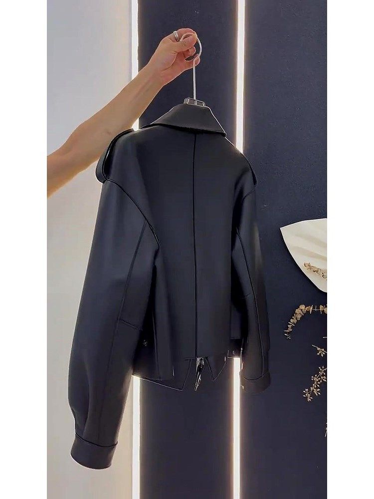 Giacca in pelle nera retrò ampia e comoda da donna, autunno e inverno, piccola giacca retrò_voghion.com
