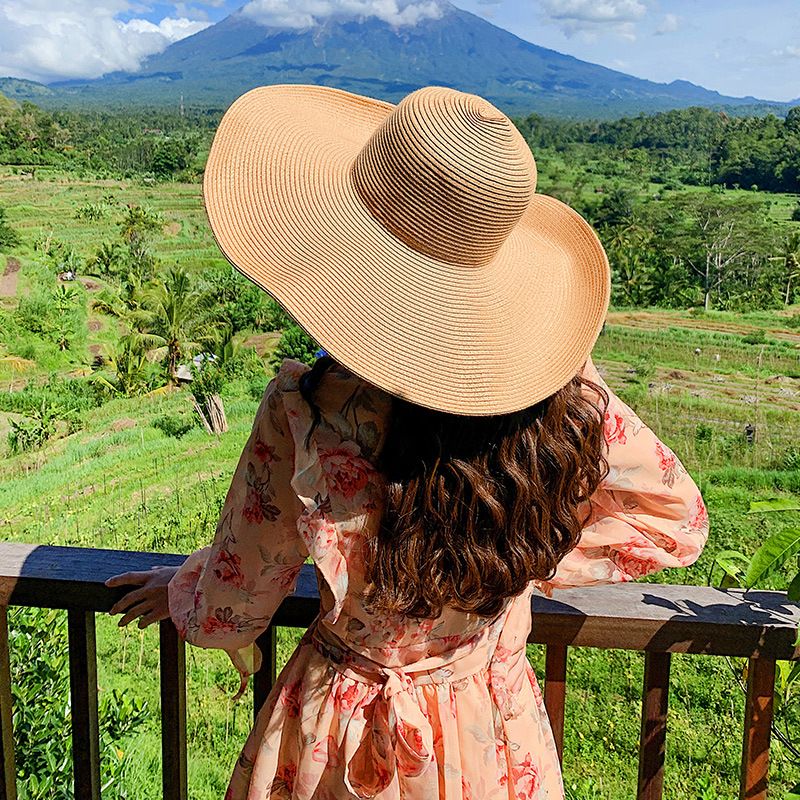 Cappello da spiaggia pieghevole oversize da donna, con tesa larga da 15 cm, estivo, da viaggio, in paglia, per donna, per vacanze all'aperto, arrotolabile, UPF50+_voghion.com