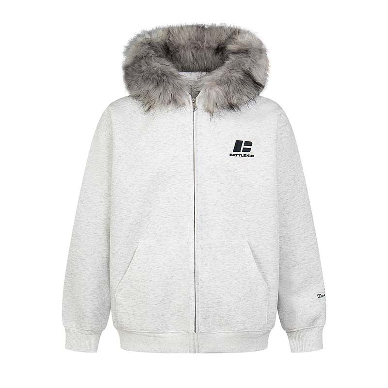 Felpa con cappuccio in stile college vintage - Cappuccio staccabile in pelliccia sintetica color-block | Felpa unisex con zip ricamata | Giacca streetwear dalla vestibilità ampia_voghion.com