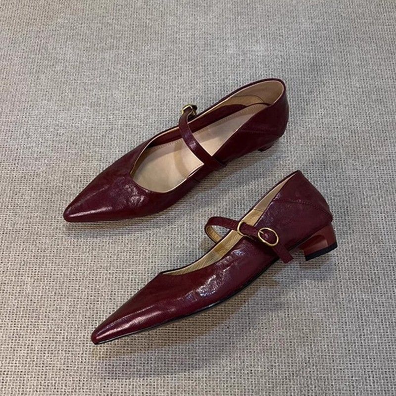 Schaffell-Version ~ Französische elegante einfache Mary Jane-Socialite-Stil spitzer Zeh flacher Mund Single Strap Damenschuhe_voghion.com