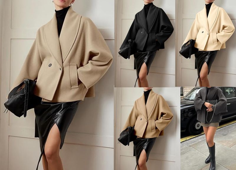 Abrigo corto de mujer – Chaqueta cruzada oversize, cuello alto, estilo sofisticado otoño/invierno_voghion.com