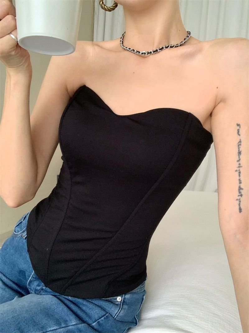 Würzige sexy Fischgrätenweste für Damen, Sommer, schwarz, elegant, trägerlos, kurzes Top für Innen- und Außenbekleidung_voghion.com