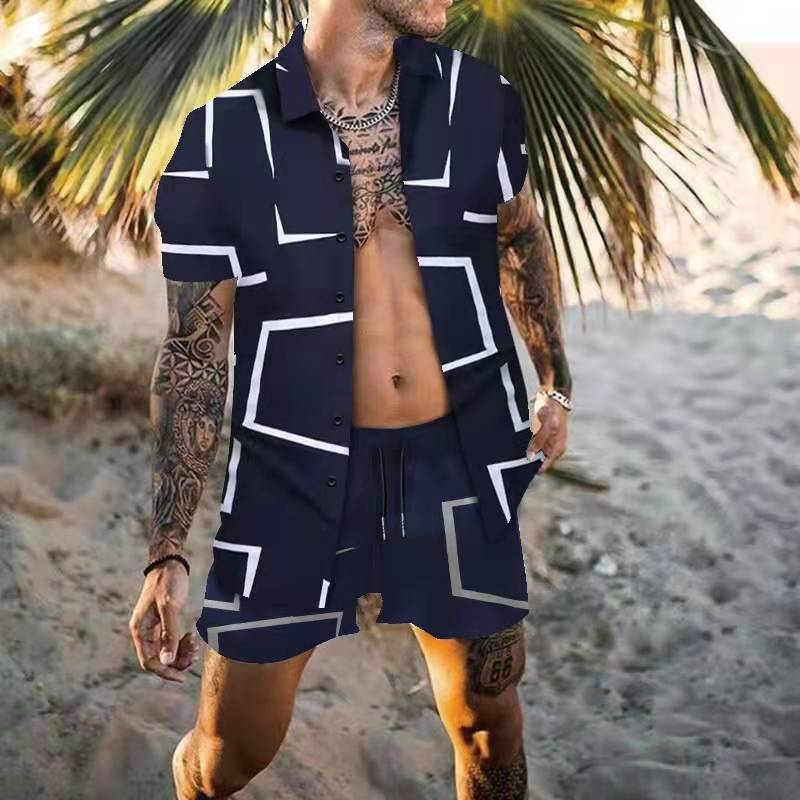 2024 Frühling Herren Shorts Lose Kurzarmhemd Geometrischer Druck Strand Casual Set_voghion.com