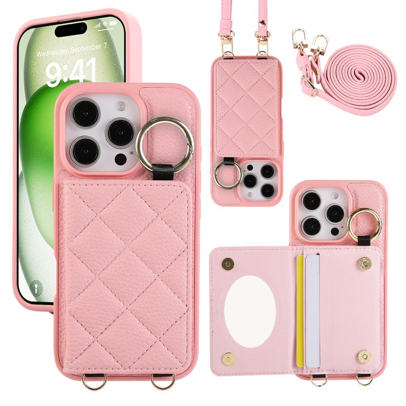 Suitable For 17 Pro Max Card Slot Mobile Phone Case Crossbody 16 15 Plaid Mobile Phone Leather Case_voghion.com