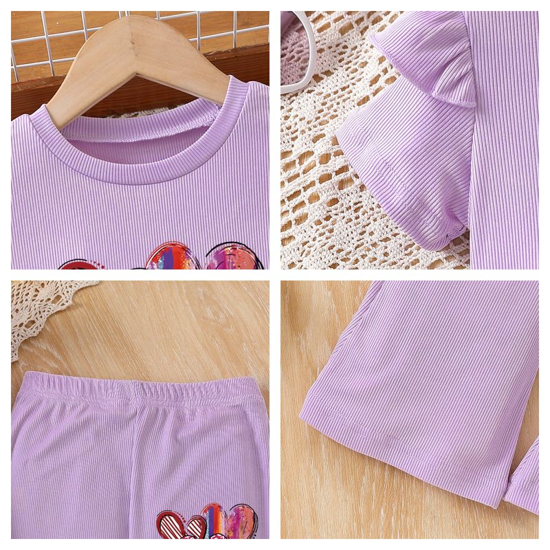 Mutter & Kinder Mädchen mode liebe gedruckt kurzarm hosen zwei-stück sommer rundhals spitze ärmel top anzug_voghion.com