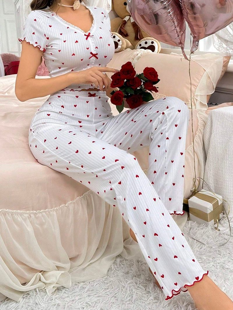 Women's Clothing Home Clothes Printed Heart V Neck Short Sleeved Pajamas Long Pants Two Piece Suit_voghion.com