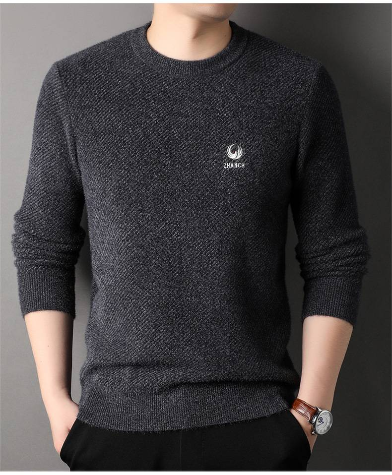 Autumn and winter men's sweater new round neck thickened youth embroidered long-sleeved Japanese casual warm base layer _voghion.com
