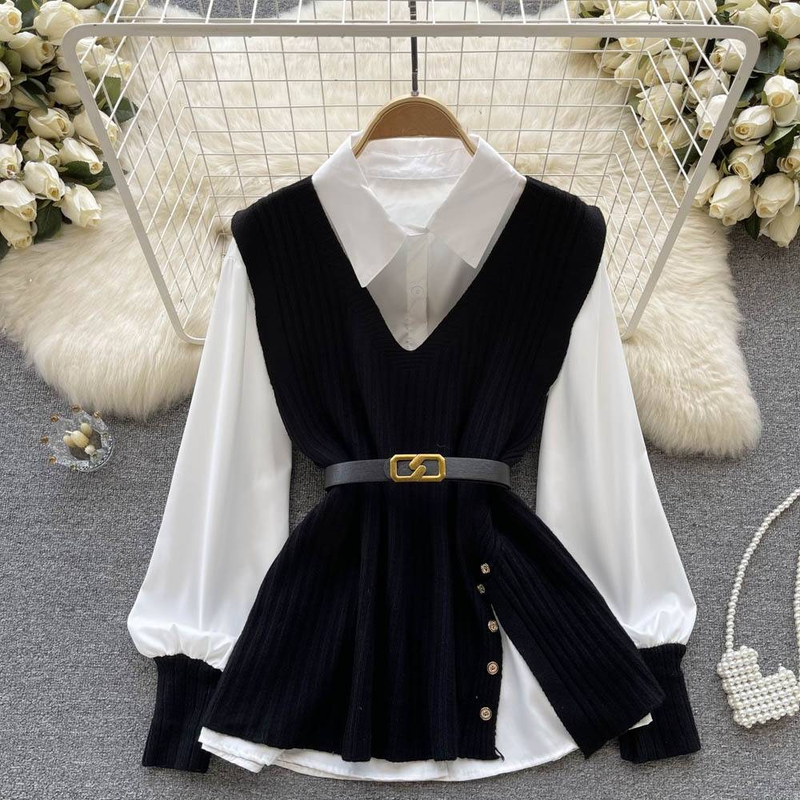 Damenbekleidung Leichte Oberbekleidung im reifen Stil Lockere Reversnähte Weißes Hemd + V-Ausschnitt Schrägknopf Strickweste Zweiteiliger Anzug_voghion.com