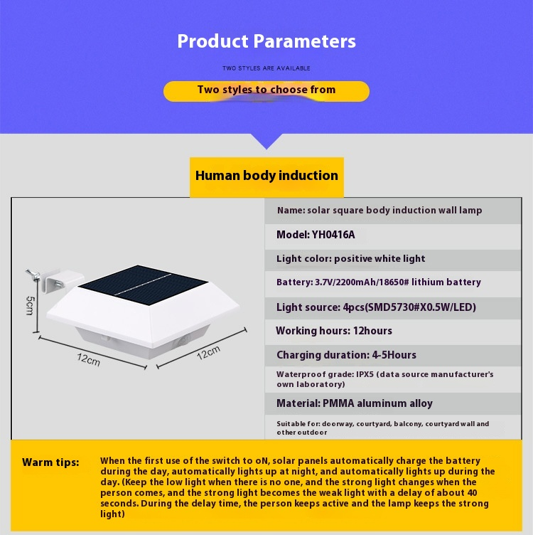 Cross Border Nova luz solar externa LED indução de corpo humano quadrado luz de rua calha cerca cerca luz de parede_voghion.com