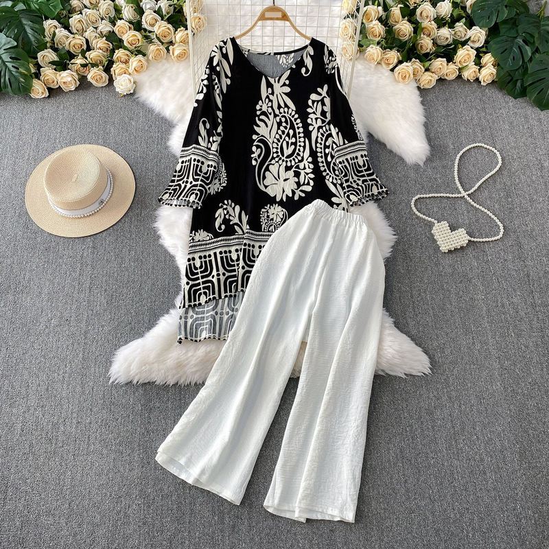 Retro V-hals bedrukte losse top met middellange lengte en hoge taille, rechte, wijde broek - 2-delige set_voghion.com