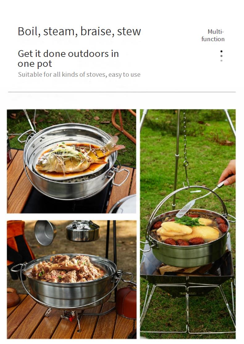 Stainless Steel Camping Steamer Pot - 304 Grade For Outdoor Cooking (Portable & Multi-Functional) - Rice Noodles & Soup Cooker With Steamer Basket_voghion.com