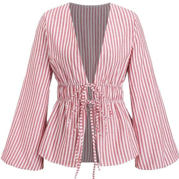 Casual Striped Bow Tie Blouse For Women - Loose Fit Long Sleeve Top With Flared Cuffs, Comfortable Polyester Fabric, Elegant Office Wear_voghion.com