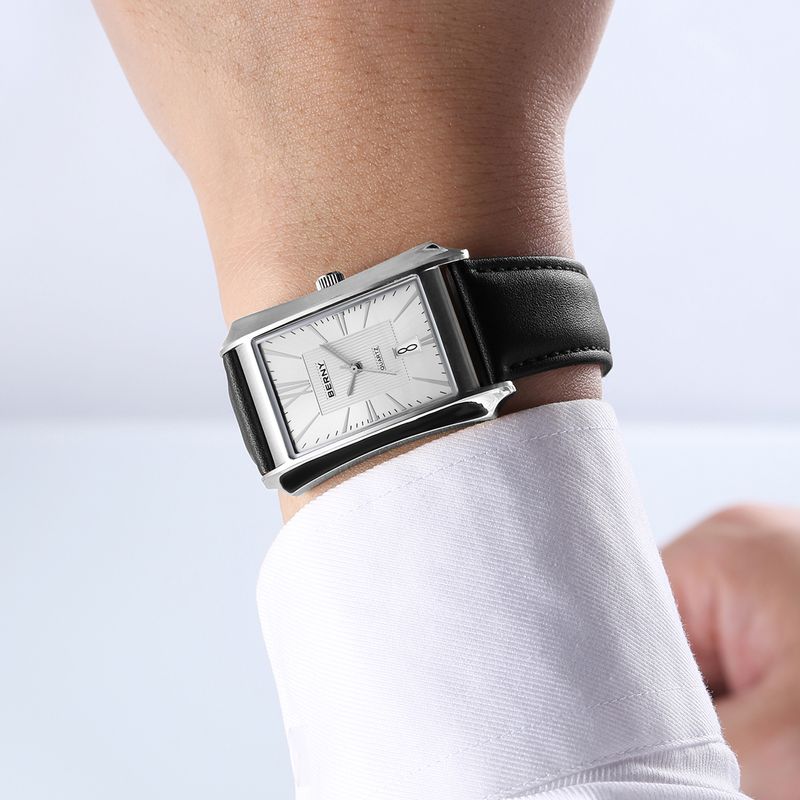 BERNY Men's Leather Watch Vintage Stainless Steel Rectangular Case Roman Dial Dress Analog Watch With Date Waterproof Classic Quartz Wrist Watches_voghion.com