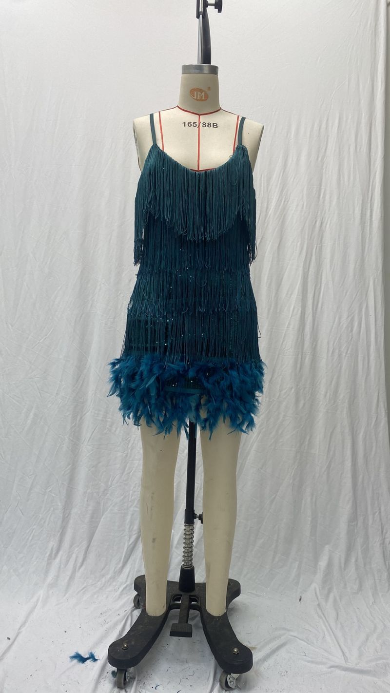 Abito da festa alla moda con nappe, paillettes e piume_voghion.com