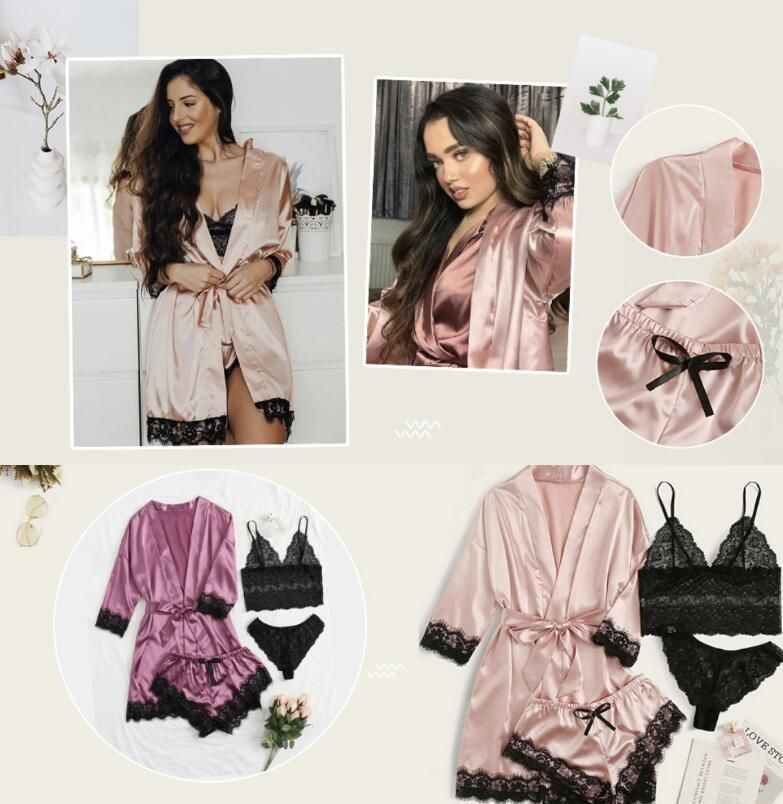 Women's Silk-Like Sleepwear Set – 4-Piece Loungewear Robe & Camisole (S-XXL) – Elegant Home & Outdoor Wear_voghion.com