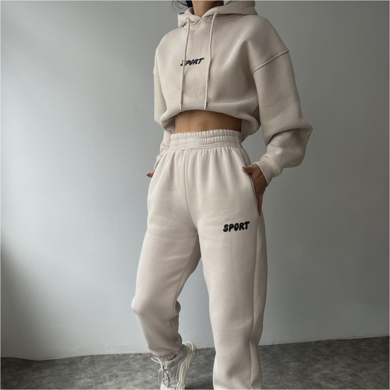 Women’s Printed Hoodie & Jogger Pants Set (Breathable Spandex, Charcoal/Black/Beige/Coffee/Navy, S/M/L/XL, Streetwear Athleisure)_voghion.com