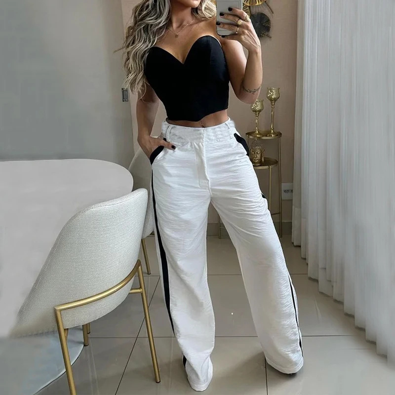 Dames effen mode-succesvol tube-top hoge taille casual broekpak met bijpassende kleur_voghion.com