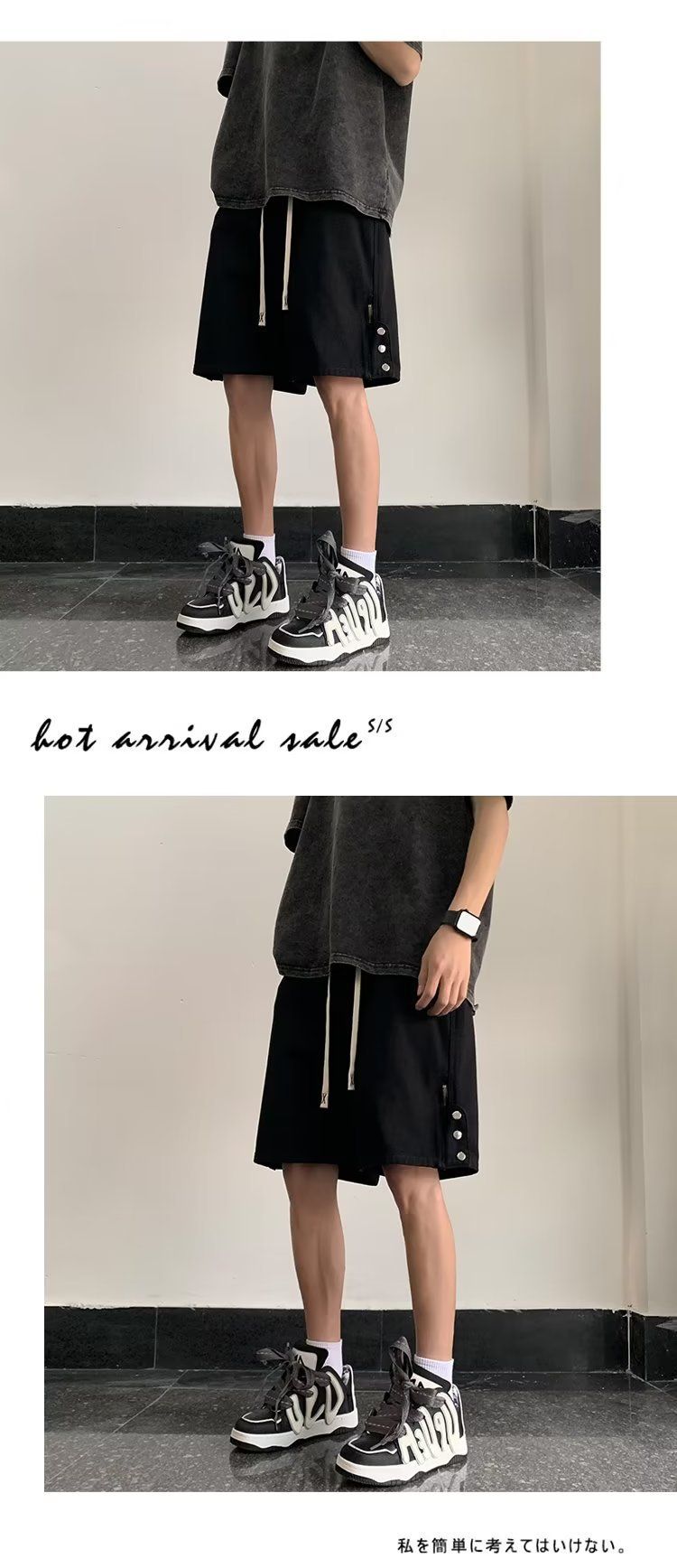 High street shorts, werkkleding voor heren in American Vibe-stijl, trendy merk met vijfkwart pijpen, stijlvol design, broek met rij knopen,_voghion.com