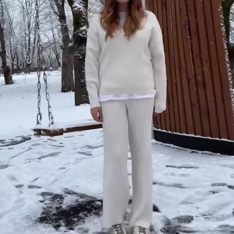 Damen-Pullover-Hosenanzug, einfarbig, Rundhalsausschnitt, süßer, altersreduzierender, fauler Stil_voghion.com