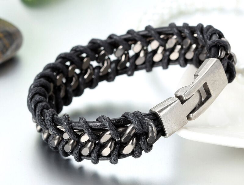 Bracciale da uomo in pelle intrecciata nera, con catena cubana in acciaio inossidabile e argento, stile punk, retrò, vintage, regalo per la festa del papà_voghion.com
